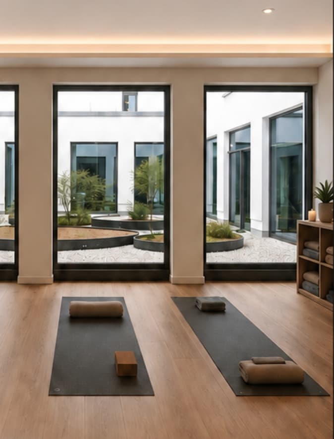Kursraum mit Blick in den Innenhof – Visualisierung
