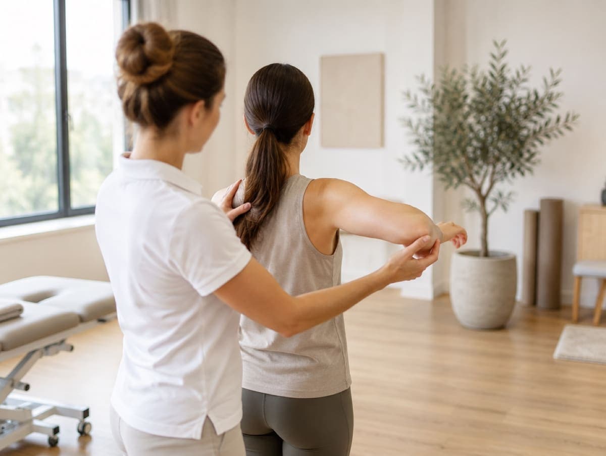 Physiotherapeutin begleitet eine Patientin bei einer Mobilisationsübung für die Schulter